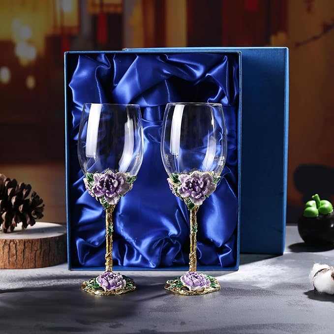 Simcat Handmade Painted Enamel Flower Glass Wine Glasses Transparent Refined Goblet, Stem For Cabernet, Gifts (purple double gift box,big flower)