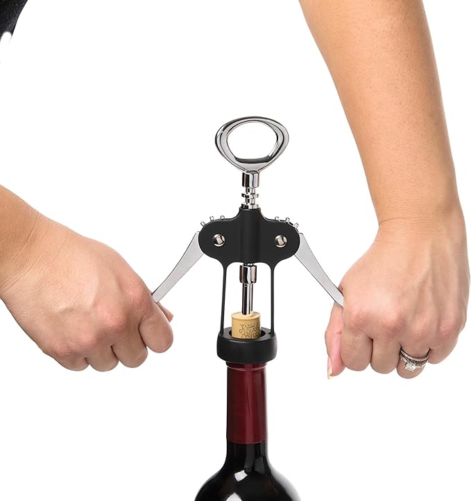 HIC Kitchen Bar Soft-Touch Winged Corkscrew, Easy Removal For Natural And Synthetic Corks, Built-In Bottle Opener, Wine Accessory