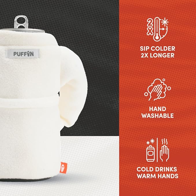 Puffin The Spa Robe Insulated Can Cooler Sleeve 12oz & 16oz Tall Can - Non Slip Base, Beer Soda Drink Jacket for Cold or Hot Beverages - Sandy White