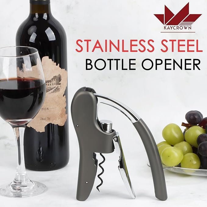 KAYCROWN Stainless Steel Wine Bottle Opener, Vertical Lever Corkscrew with Metal handle, Foil Cutter and Extra Spiral, Manual Handheld Corkscrew with Ergonomic Lever Pump(Grey)