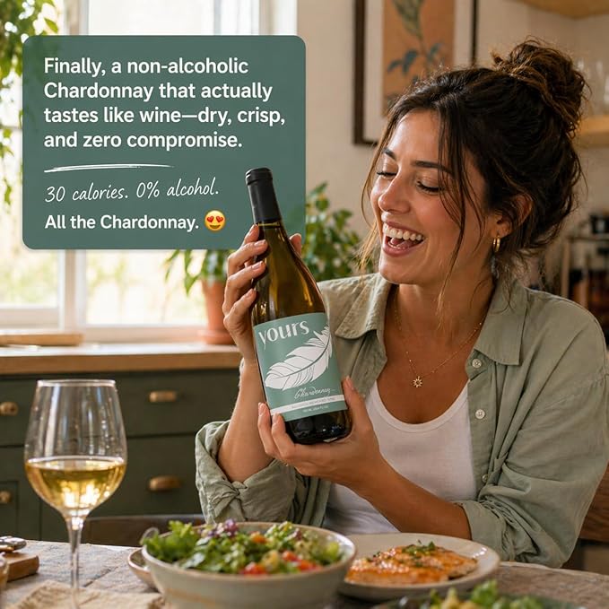 YOURS Non-Alcoholic Wine – Premium Award-Winning Wine Alternative, Alcohol-Free & Monk Fruit Sweetened – 750mL Bottle (Chardonnay)