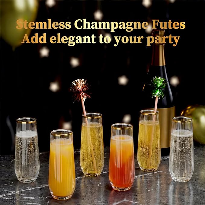 GuanQiao 12 Pack Stemless Plastic Champagne Flutes with Gold Rim, 9oz Ribbed Disposable Champagne Glasses, Heavy Duty Shatterproof Mimosa Glasses for Wine Wedding Bridal Shower Party Supplies Birthday