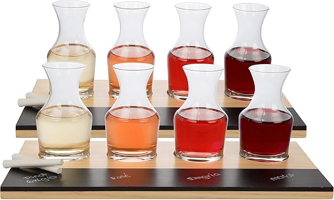D'Eco Wine Tasting Flight Sampler Boards (2 Pack)- Set Includes Eight 6 oz Decanter Glasses & 2 Wood Paddles w Chalkboards- Great for Charcuterie Boards, Wine Tastings & Brunch - Wedding Gift