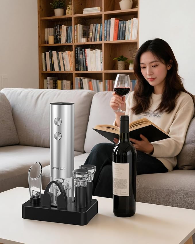 CIRCLE JOY Electric Wine Opener Rechargeable, 6-in-1 Stainless Steel Electric Cordless Wine Bottle Opener with Pourer & Foil Cutter, 2 Vacuum Preservation Stoppers and Base, Gift for Home, Party, Bar