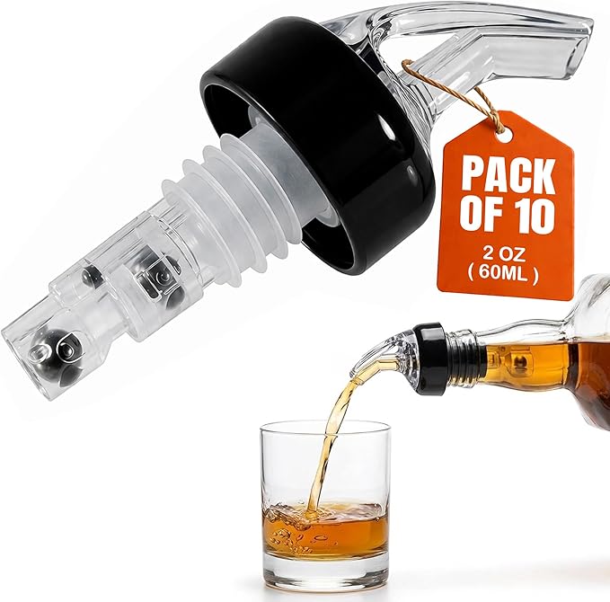 Measured Pourer - Liquor Bottle Pourers - Collared -(10pk) Made 100% In The USA. Bar Spouts That Don't Leak - No Cracks, Just A Perfect Cocktail Pour Everytime. Great for Wine Too! (2oz)