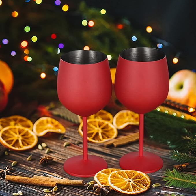 Lifecapido Stainless Steel Wine Glasses Set of 2, 18oz Stainless Steel Wine Goblets, Stemmed Metal Wine Glasses with Cup Brush for Party Office Wedding Anniversary, Great for Red White Wine (Red)