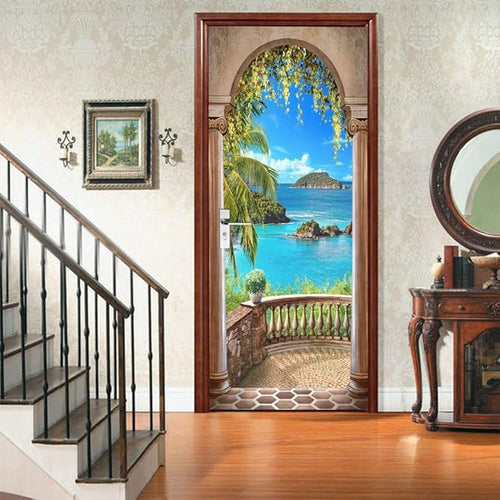 3D Door Stickers Murals - Landscape Peel and Stick Waterproof & Washable Matt Finish Tropical Style White 35.4" x 78.7" 2 Parts