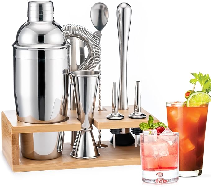 BRIOUT Cocktail Shaker Set Bartender Kit with Stand, Bar Set Drink Mixer Set with All Essential Accessory Tools: Martini Shaker, Jigger, Strainer, Mixer Spoon, Muddler, Liquor Pourers | Silver