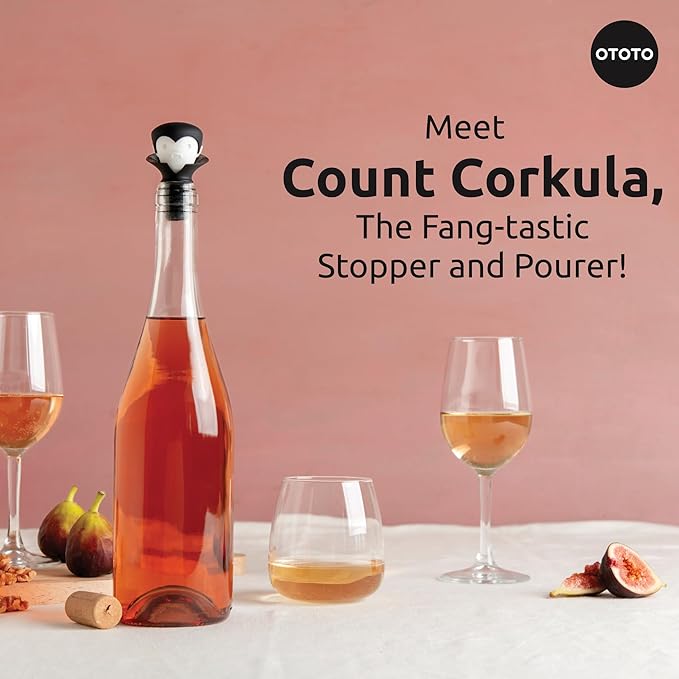 OTOTO Wine Stoppers & Pourer - Halloween Gifts for Wine Lovers, Spooky Wine Bottle Stopper, Wine Goth Accessories, Fun Kitchen Gadgets (Count Corkula)