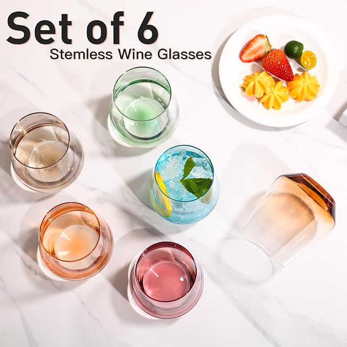 JOVGANK Colored Stemless Wine Glasses Set of 6 - Hand Blown White Red Stemless Wine Glass - 17 oz, [Lead-Free Crystal Glass] Large Short Glass Tumblers, Gift for Housewarming and Mother's Day