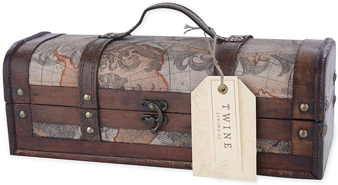 Twine Old World Wine Bottle Gift Box, Wooden Wine Box with Lid and Handle, Wood, Faux Leather, Antique Map Design, Holds 1 Bottle