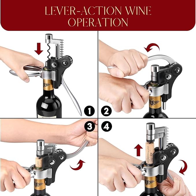Flexzion Wine Opener Set in Mahogany Wood Case - Wine Bottle Opener Gift Box with Wine Foil Cutter Tool, Stopper, Pourer, Drip Ring, & Lever-Action Corkscrew Wine Opener Manual for Wine Lovers