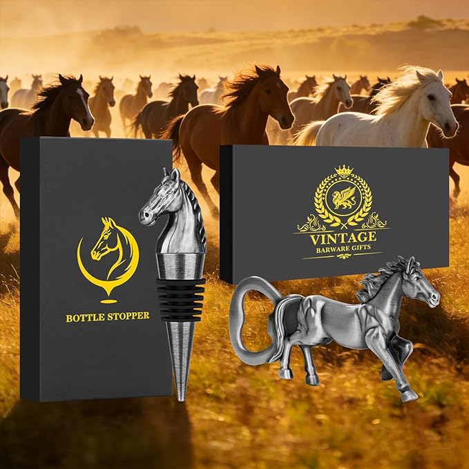 Horse Bar Gift Set, Horse Beer Opener & Horse Head Wine Stopper, Equestrian Gifts for Men, Dad, Coach, Horses Lovers, Silver with Gift Boxes, Perfect Birthday, Father’s Day, Xmas Present