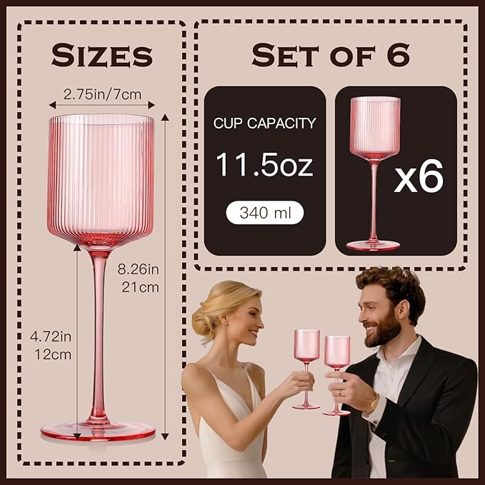 Pink Square Wine Glasses Set of 6, Elegant Ribbed Design Colored Crystal Glassware with Long Stem, 11.5oz Hand Blown Stemware For Red & White Wine Home Bar Party