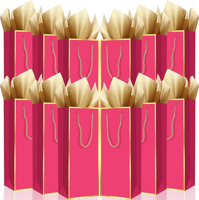 TaoBary 30 Pcs Wine Gift Bags and Gold Wrapping Paper Set Wine Bags for Bottle Bulk 4 x 5 x 13 Inch Champagne Gift Paper Sack with Handles for Valentines Galentines Day Wedding Party Anniversary