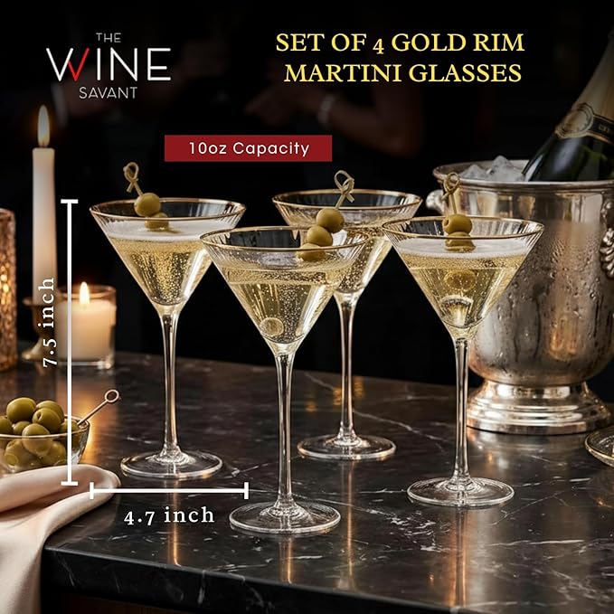 Gold Rim Martini Glasses - Set of 4-10 oz, 24K Gilded Classic Vintage Glasses For Martinis, Cocktails, Champagne, Water & Wine - Hand Blown Classic Coupes Gilded Rimed, Crystal Coupe with Long Stems