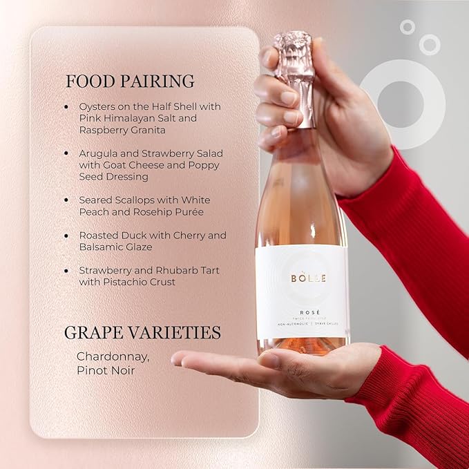 BOLLE Sparkling Rosé - Non Alcoholic Wine - Alcohol Free Sparkling Rose Wine with Fine Bubbles, Dry Red Berry Taste, Champagne Alternative, Zero Proof Champagne Style - 375ml