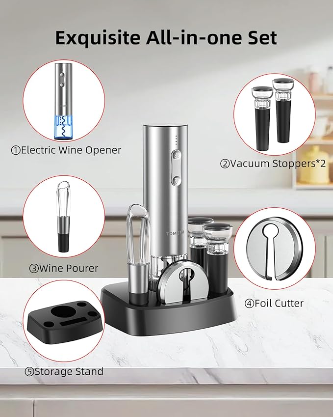 Rechargeable Electric Wine Gift Set - Aerator, Vacuum Stoppers, Foil Cutter and Bottle Opener for Home Bar and Outdoor Parties (Silver, Wine Opener Set)