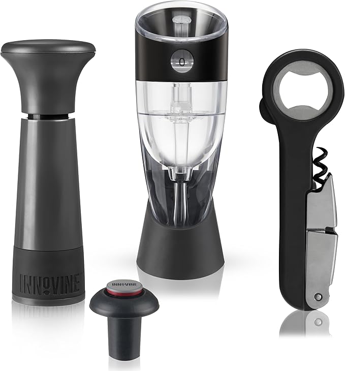 Innovine Red Wine Pro 4-Piece Wine Tool Gift Set – Adjustable Wine Aerator with Stand, Double-Hinged Corkscrew & Vacuum Wine Saver with Stopper – Complete Red Wine Opening, Aeration & Preservation Kit