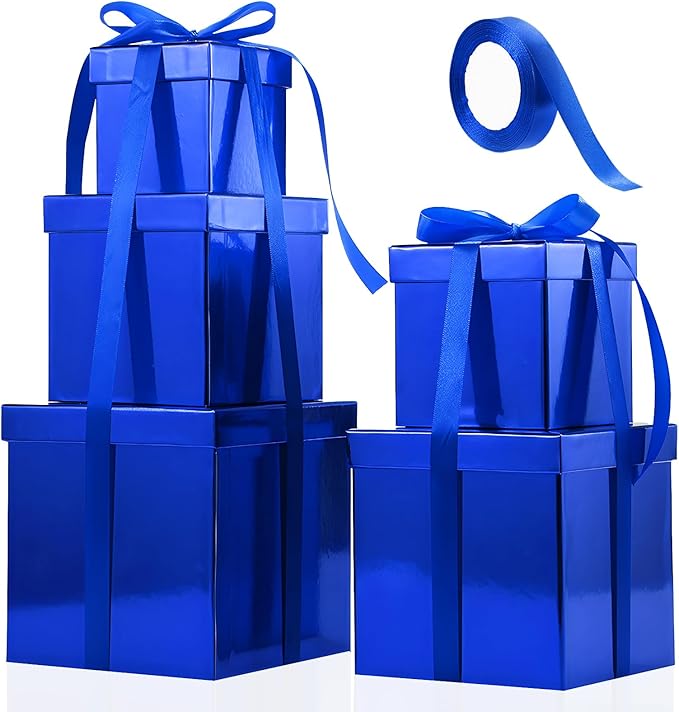Cholemy 5 Pcs Square Nesting Boxes Decorative Gift Boxes with Lid and Ribbon Assorted Sizes Wrap for Wedding, Carnival, Anniversary, Birthday, Bridal Shower Party Gifts(Shiny Blue)