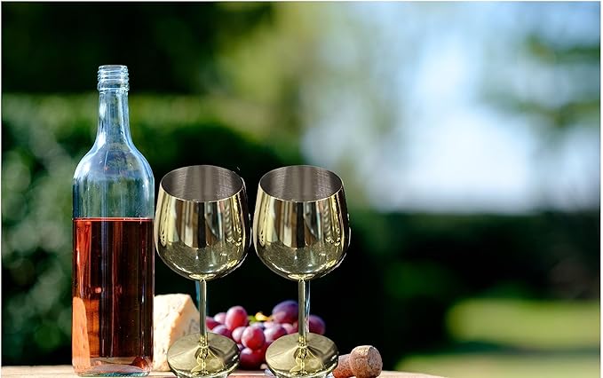 K&K Home Gold Stainless Steel Unbreakable Wine Glasses - 18 oz - Set of 2 Colored, Stemmed Metal Wine Glasses Perfect for Outdoors, Weddings, and Parties (Gold, Set of 2)