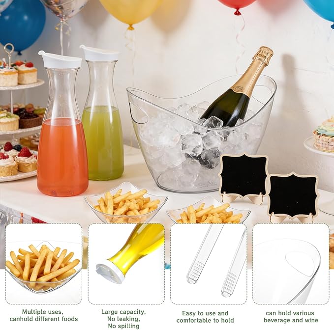 27 Pcs Mimosa Bar Supplies Include Acrylic Ice Bucket 4Pcs 34oz Plastic Carafe with Lids 6 Disposable Salad Bowls with Spoons & Tongs 10 Mini Wooden Chalkboards for Summer Party Family Gathering Bar