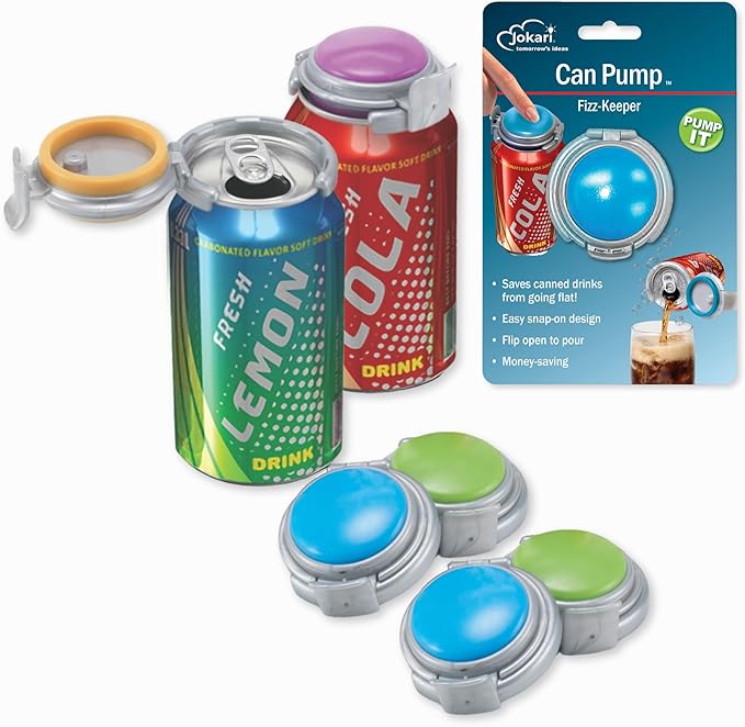 Jokari 2 Click Fizz Keeper Pump and Pour for 12oz Cans 4 Pack Carbonation Preserver with Pump Top for Soda Beer and Seltzer Airtight Spillproof Can Cap for Freshness and Travel Use