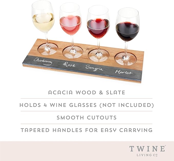 Twine Wine Flight Board with Slate Chalkboard & Acacia Wood Tray, Holds 4 Glasses, Includes Soapstone Chalk, Perfect for Wine Tasting Parties, Housewarming, Hosting Essentials