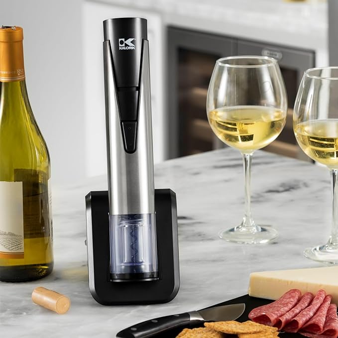 Kalorik Electric Wine Opener and Preserver Includes 2-in-1 Bottle Opener and Preserver Wine Pourer and 2 Stoppers Foil Cutter and Charging Base, Stainless Steel