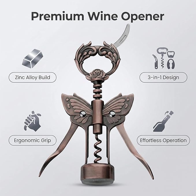 Wine Opener, 3 in 1 Zinc Alloy Premium Wing Corkscrew Wine Bottle Opener with Multifunctional Bottles Opener and Serrated Foil Cutter for Wine and Beer (Bronze)