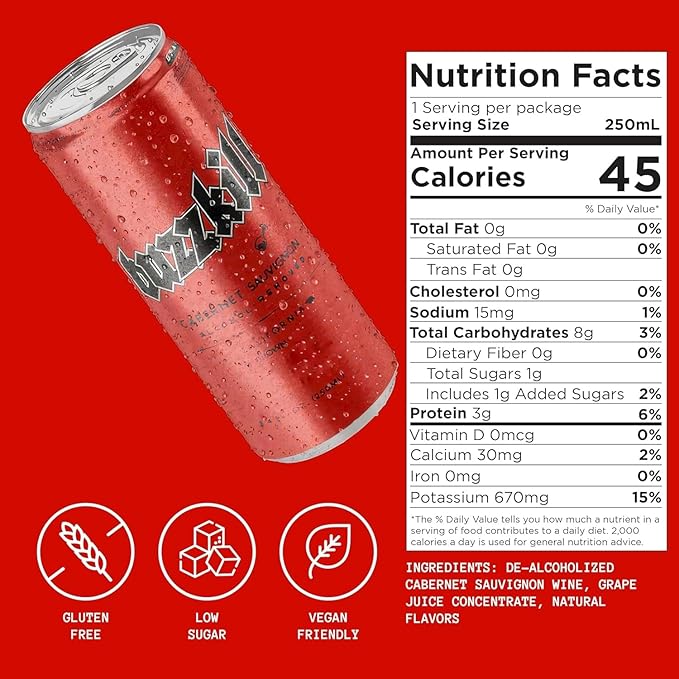 Buzzkill Wines - Non-Alcoholic Cabernet Sauvignon | Dealcoholized California Dry Red Wine, Gluten-Free, Alcohol-Free, Low Sugar, 45 Calories, Pack of 4, (8.4 fl. oz. each can) 33.8 FL Oz