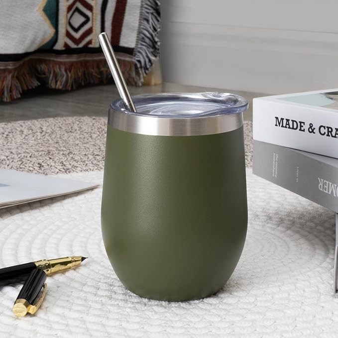 12 oz Insulated Wine Tumbler with Lid and Straw,Stainless Steel Stemless Wine Tumbler Glasses Double Wall Vacuum Wine Cups Tumbler Bulk for Coffee,Champaign,Office(Navy Green,4)