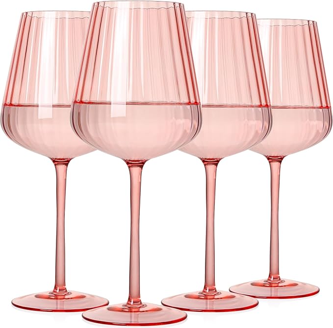 Pink Ribbed Wine Glasses Set of 4-20oz Hand-Blown Fluted Glassware, Lead-Free Crystal Vintage Ripple Texture Red Wine Glasses, Perfect Gifts for Weddings, Birthday, Special Occasions