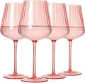 Pink Ribbed Wine Glasses Set of 4-20oz Hand-Blown Fluted Glassware, Lead-Free Crystal Vintage Ripple Texture Red Wine Glasses, Perfect Gifts for Weddings, Birthday, Special Occasions