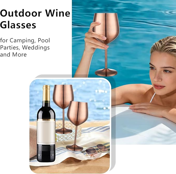 Stainless Steel Wine Glasses Set of 4 Unbreakable Wine Glass 18 oz Unique Metal Wine Goblets for Outdoor, Travel, Camping, Pool, Ideal Gift for Wine Lovers (Red Copper)