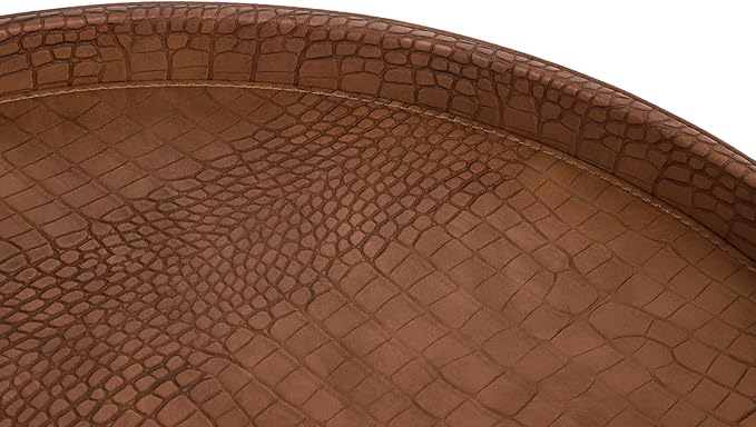 HofferRuffer Round Serving Tray 20'', Elegant Faux Leather Circle Ottoman Table Tray, Serve Tea Coffee Breakfast in Bedroom Living Room Kitchen (Brown)