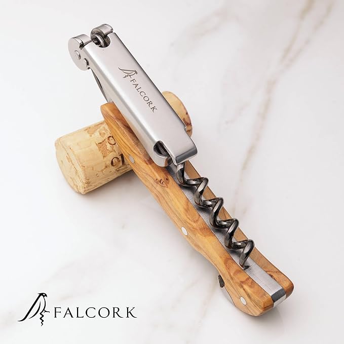 Corkscrew for Professionals FALCORK® 144 – Agility – One-Step Lever, Marked Helix and Generous Handle in Smooth Olive Natural Wood for Safe, Intensive Uncorking in Hospitality – Plastic-Free