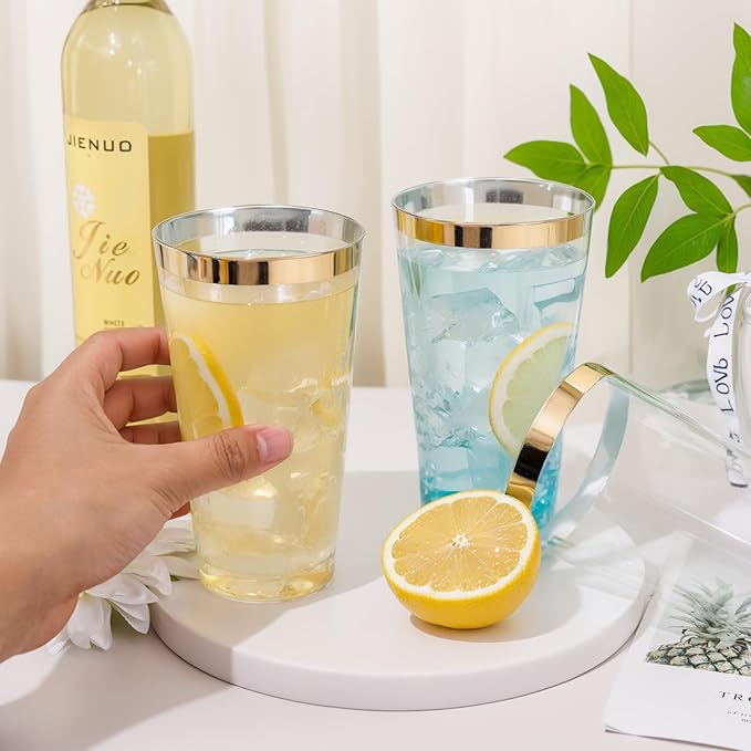 DaYammi 100 Pack Gold Plastic Cups 16 Oz Elegant Clear Plastic Cups Gold Rimmed Disposable Wine Glasses Fancy Disposable Party Cup Wedding Cup Drinking Tumblers Cocktail Glasses with Gold Rim