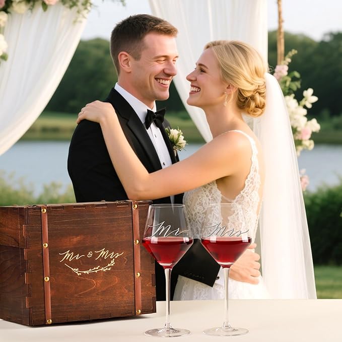 Mr Mrs Wine Glasses Gifts for Wedding/Engagement/Bridal Shower,Classy Engagement Present,Wedding Gift for Couples,Women,Bride to be,Newlyweds-Wedding Keepsake Box with Wine Accessories