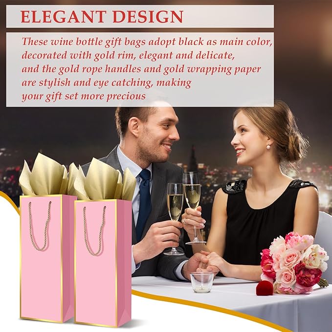 TaoBary 30 Pcs Wine Gift Bags and Gold Wrapping Paper Set Wine Bags for Bottle Bulk 4 x 5 x 13 Inch Champagne Gift Paper Sack with Handles for Valentines Galentines Day Wedding Party Anniversary