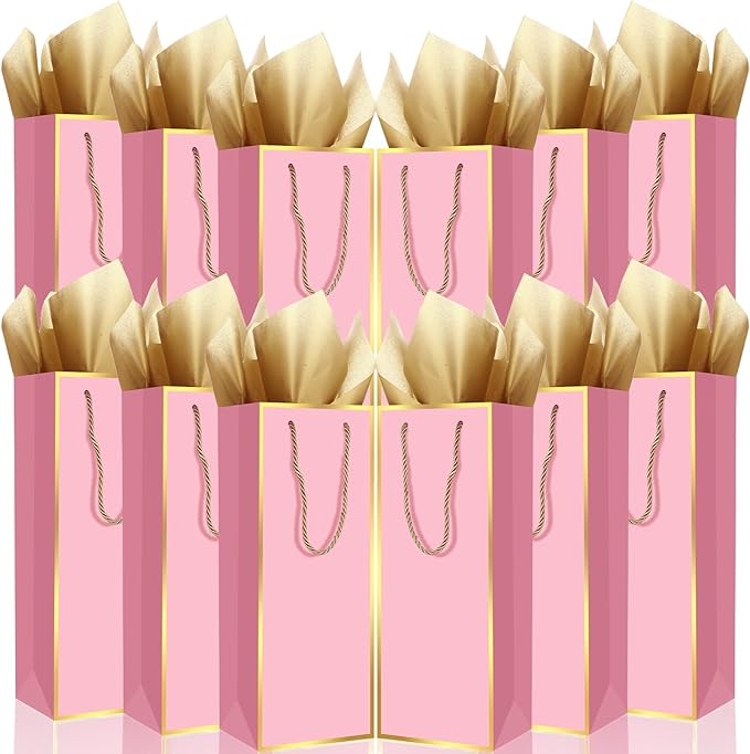 TaoBary 30 Pcs Wine Gift Bags and Gold Wrapping Paper Set Wine Bags for Bottle Bulk 4 x 5 x 13 Inch Champagne Gift Paper Sack with Handles for Valentines Galentines Day Wedding Party Anniversary