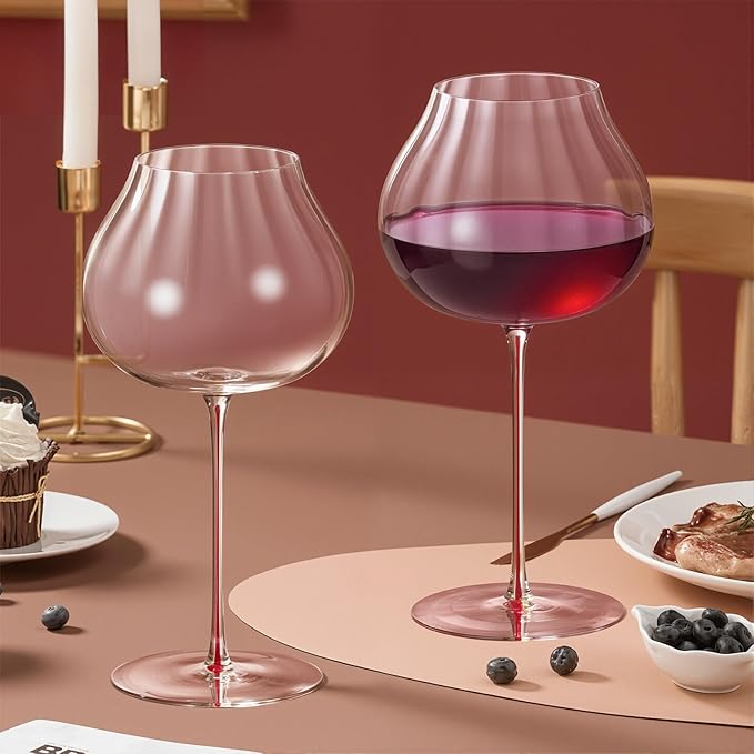KAMMAK Wine Glasses Set of 2, 24.69 oz Hand Blown Crystal Bordeaux Wine Glasses, Thin Rim & Long Stem, Perfect for Red & White, Daily Use, Wedding or Birthday Gift with Gift Box, Onion Top Red