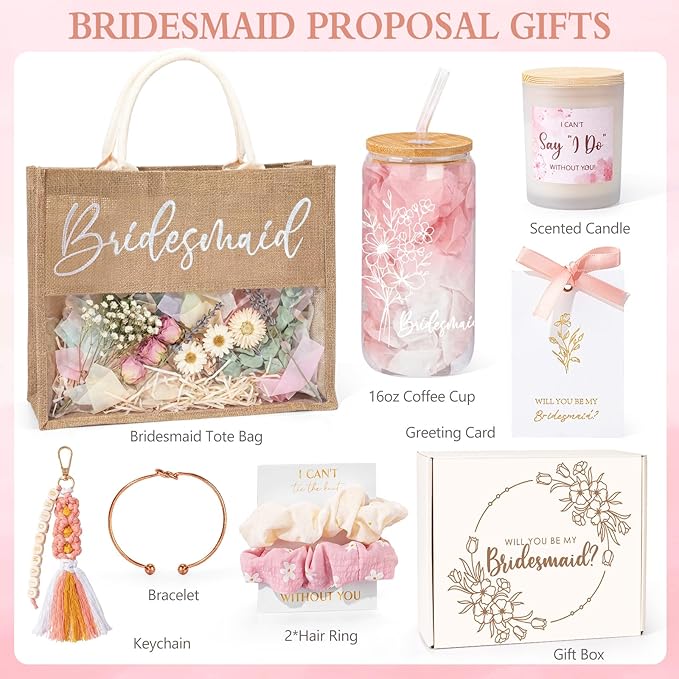 Bridesmaid Gifts, Bridesmaids Proposal Gifts, Will You Be My Bridesmaid Box from Bride for Wedding Day, Engagement Wedding Bachelorette Party Gift, Bridesmaids Proposal Tote Bag Glass Cup Gift Set