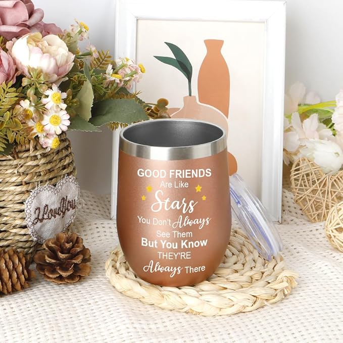 Friendship Gifts for Women Insulated Wine Tumbler with Lid 12oz Graduation Gifts Birthday Gift for Women Men Friendship Friendsgiving Gift for Friends Bestie Cowokers Easter Basket Stuffers Rose Gold