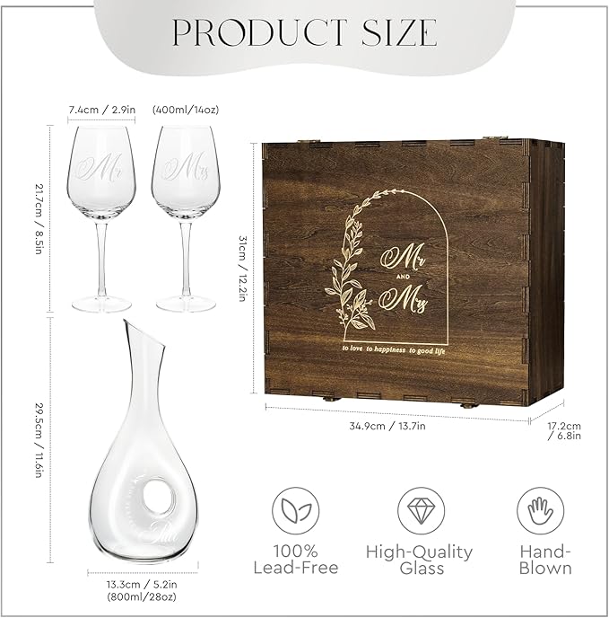 AW BRIDAL Wedding Gifts for Couples 2026, Mr and Mrs Wine Glasses and Decanter Set with Wood Box, Engagement Gift for Newly Engaged Couple, Bride and Groom Gift for Bridal Shower, Anniversary