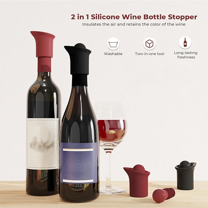 2 Pack 2 in 1 Silicone Wine Bottle Stoppers & Pourers, Upgraded Reusable Wine Preserver, Champagne Stoppers with Vacuum, Ideal Gift Accessory for Wine Lovers (Green&Apricot color)