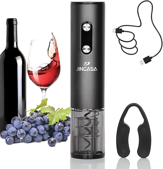JINGASA Electric Wine Opener with Automatic Corkscrew & Foil Cutter – Rechargeable Type-C Corkscrew Bottle Opener for Home, Kitchen & Party, Black,1 Pack