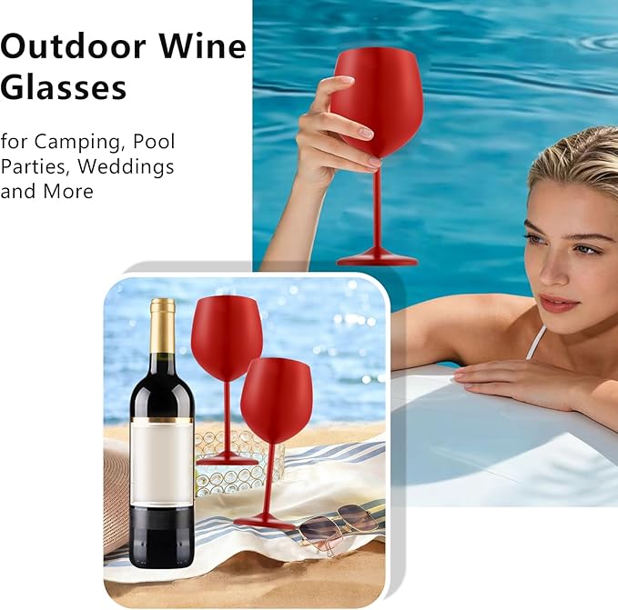 Stainless Steel Wine Glasses Set of 4 Unbreakable Wine Glass 18 oz Unique Metal Wine Goblets for Outdoor, Travel, Camping, Pool, Ideal Gift for Wine Lovers (Matte-Red)