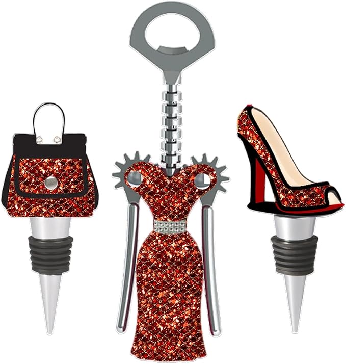 Fashion Set: 3pcs Winged Corkscrew, High Heel and Purse Wine Stoppers - Red and Gold Gift Set