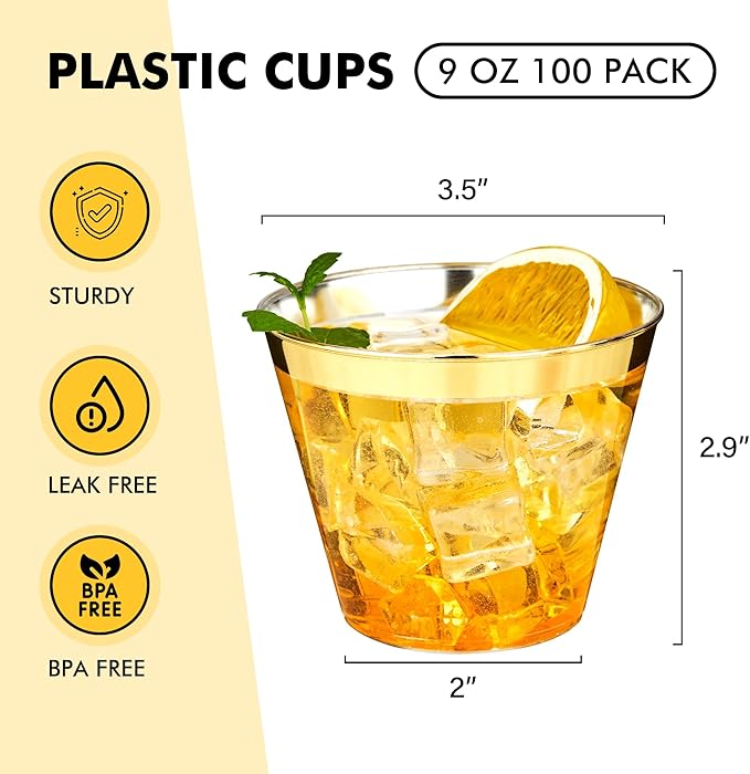 RACETOP 100 Pack 9 oz Gold Plastic Cups Tumbler, Disposable Cups with Gold Rim for Party, Heavy-duty Clear Plastic Wine Glasses, Disposable Wedding Cups